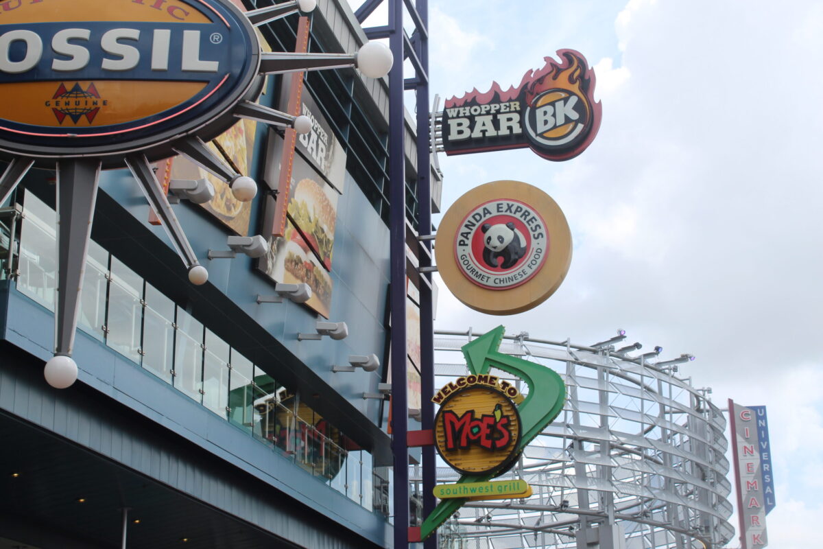City walk restaurant signs, burger king, fossil, panda express