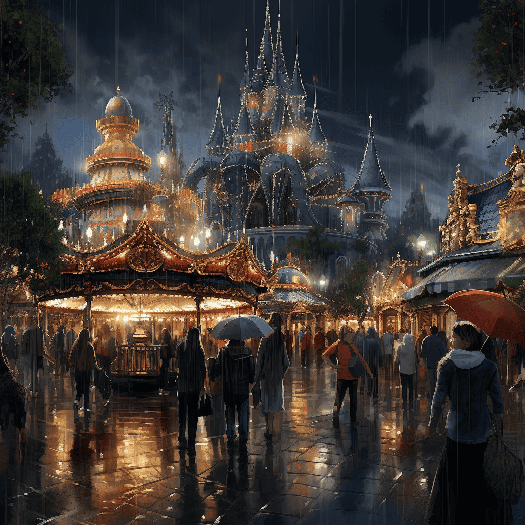 theme park mainstreet during the rain people with rain coats and umbrellas