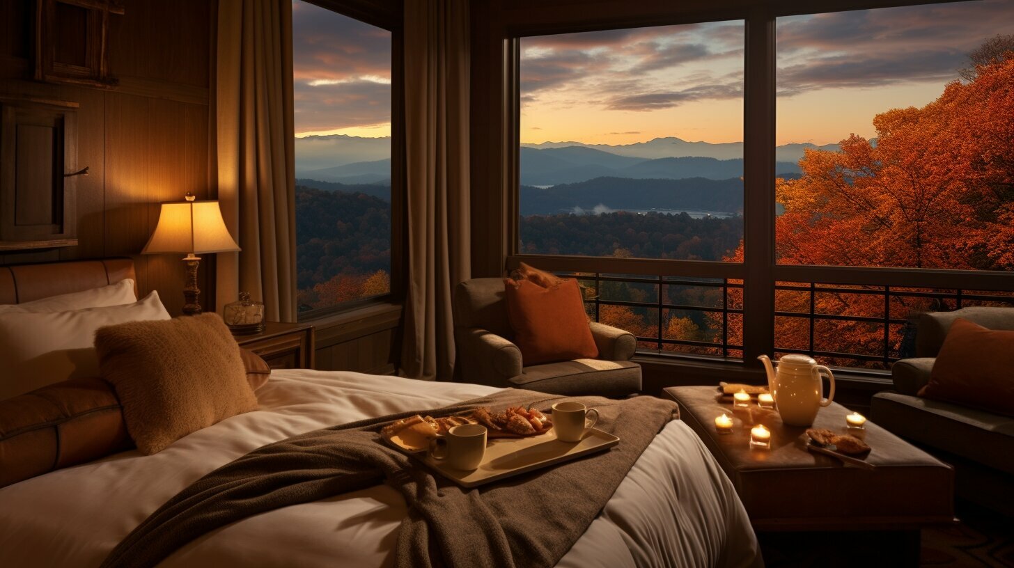 hotel room view of moutains in the fall