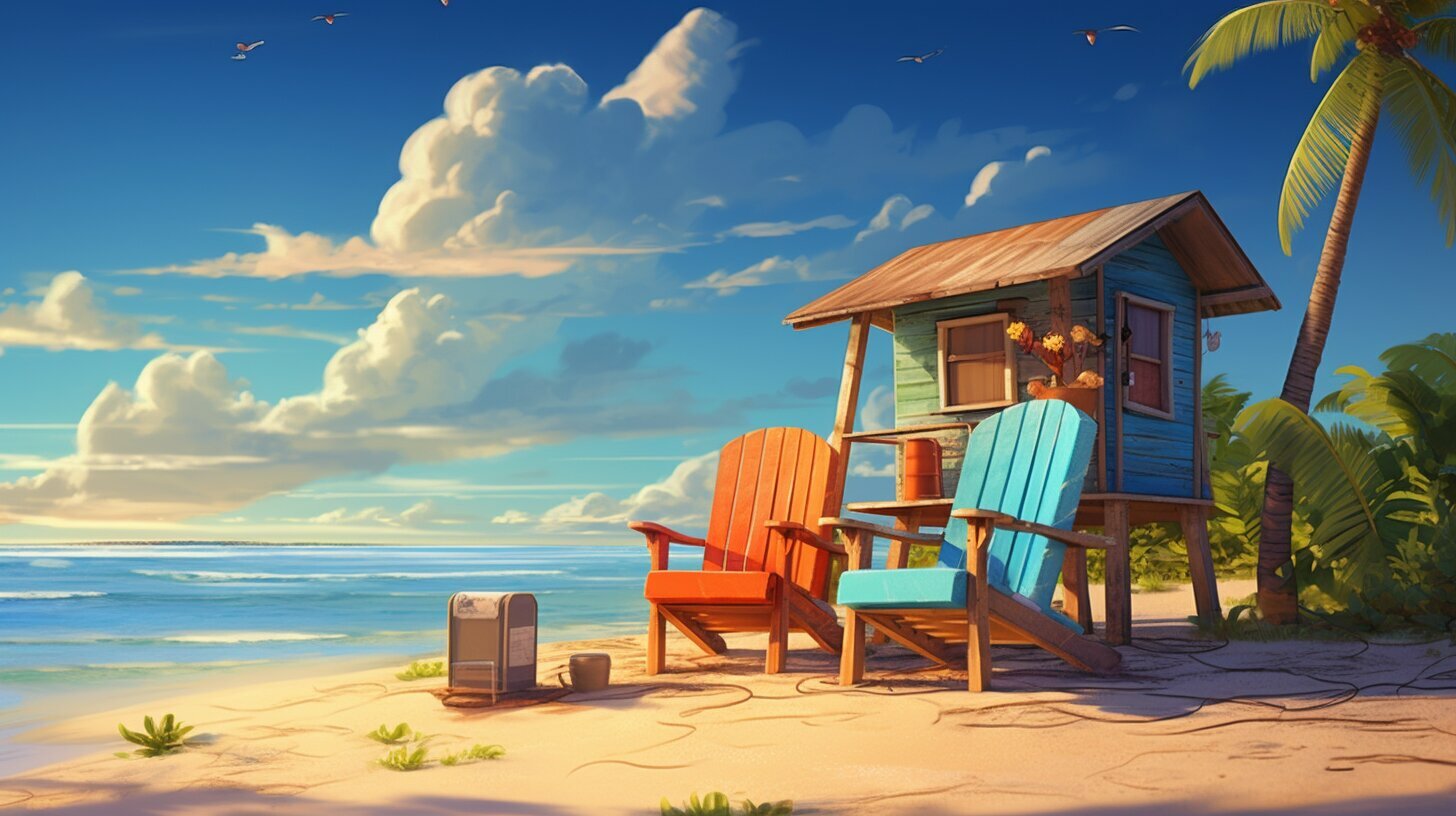 couple of chairs on a beach in a vacation setting with hut