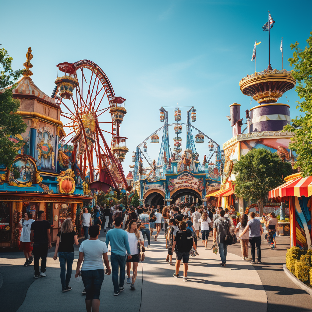 scenic view of a theme park background with people in the midway