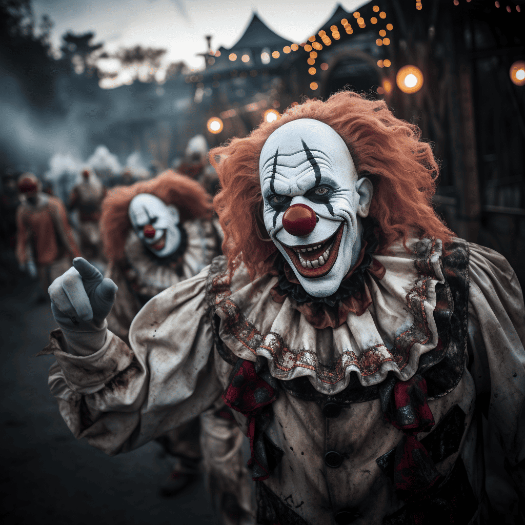 clowns in a theme park lookign to scare people.