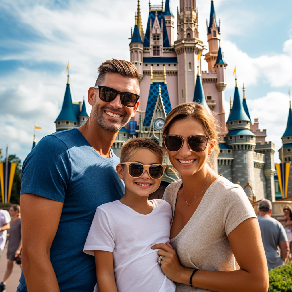 family smiling in front of the disney castle